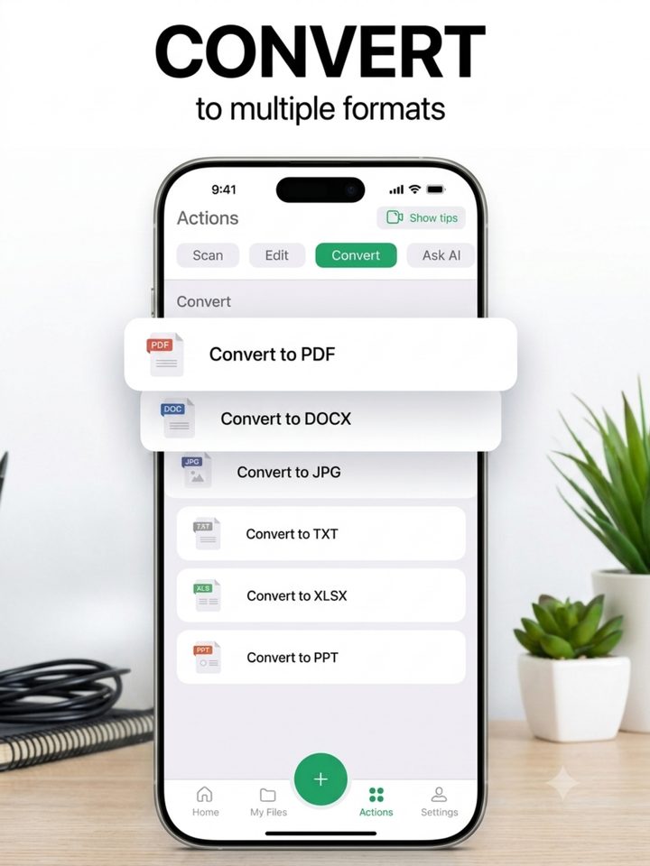 Export sheet offering PDF, JPG, DOC, TXT and XLS formats.