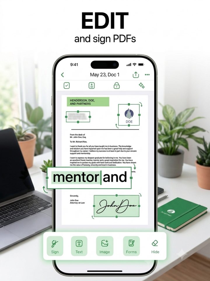 A drawn signature and typed text being placed directly onto a scanned letter.