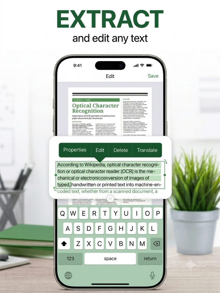 Recognized text from a scanned page being selected and retyped in place.