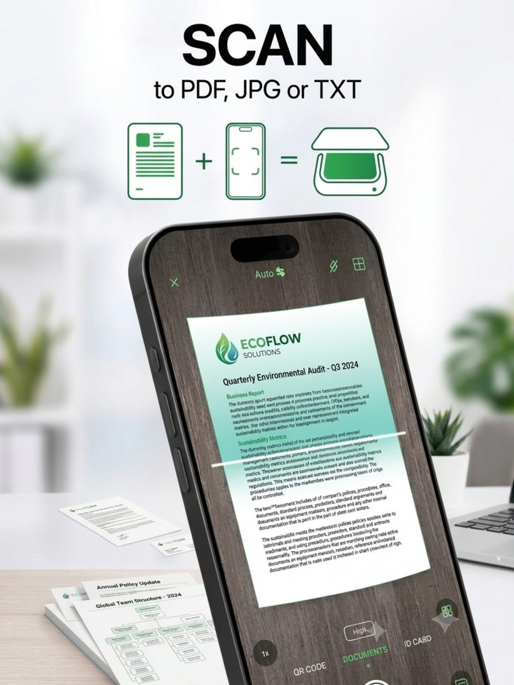 Scanner AI Pro capturing a printed quarterly report, with live edge detection highlighting the page.